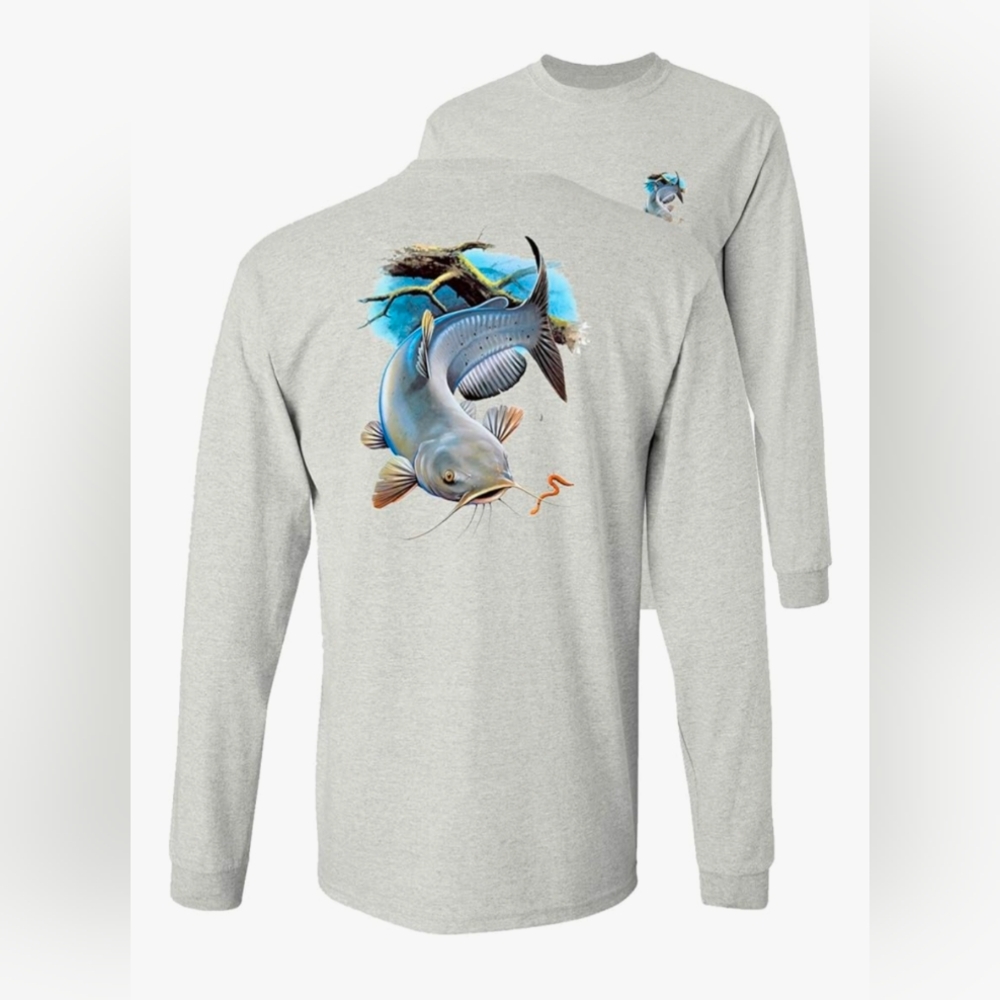 2X Lucky Ride Channel Catfish and Worm Fishing Long Sleeve T-Shirt-NWOT